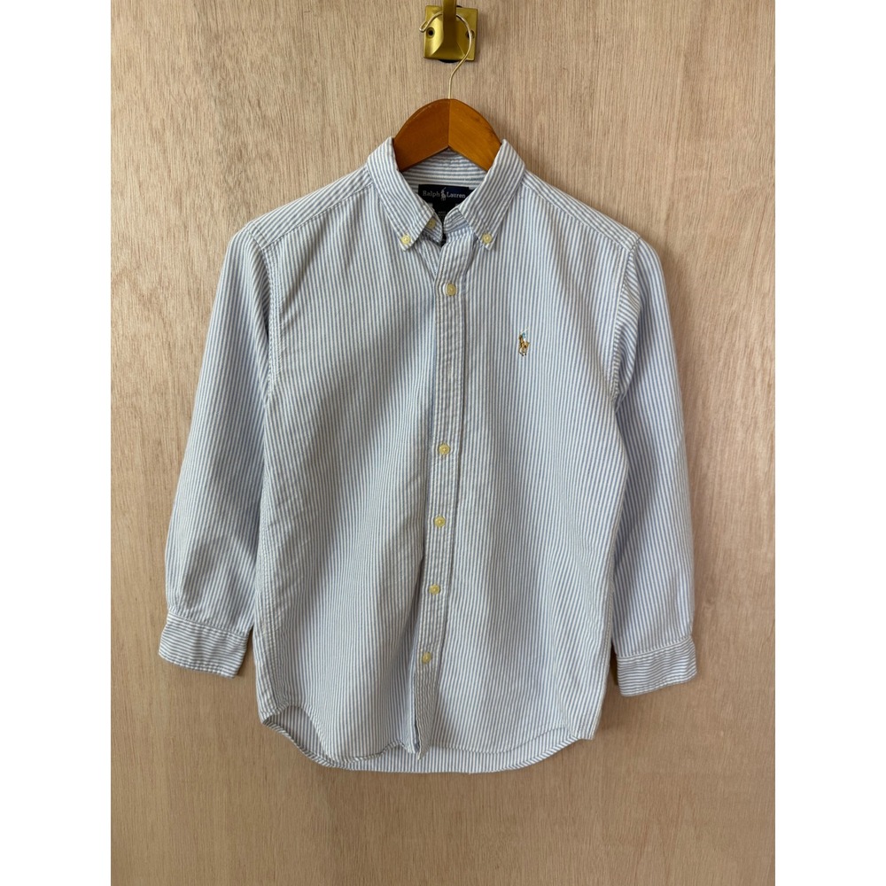 Ralph Lauren Boys Blue White Striped Cotton Button Down Shirt Size 12 L/S
